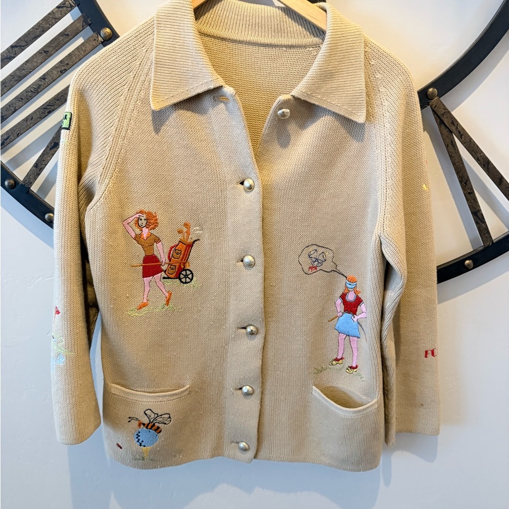 Women's Beige‎ Summer Golf Embroidered cardigan vintage sweater